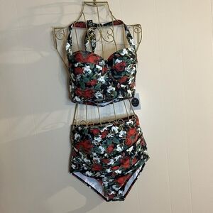 Cherry Cat XL Vintage Retro Floral High Waisted Underwire Bikini Two Piece